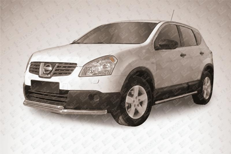 Защита переднего бампера d57+d42 двойная длинная Nissan QASHQAI (2011)