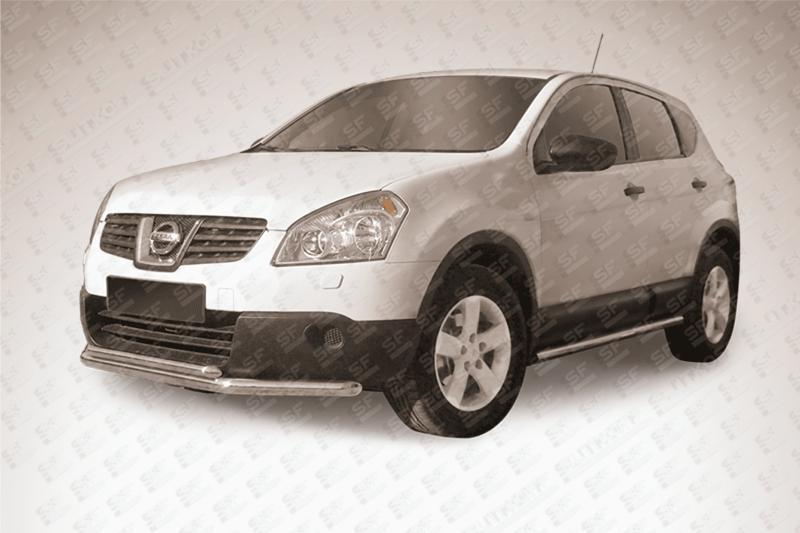 Защита переднего бампера d57+d42 двойная короткая Nissan QASHQAI +2 (2011)